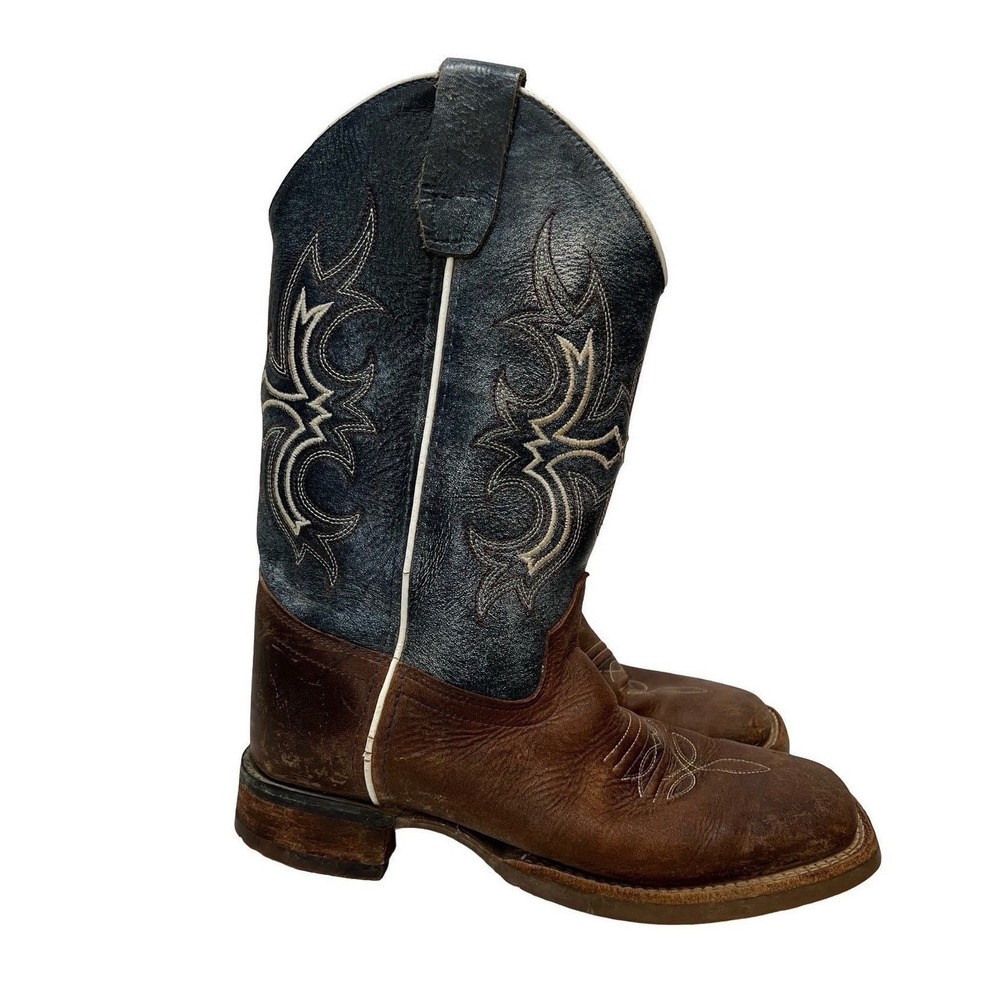Old West Kids Brown Navy Blue Leather Square Toe Cowboy Boots BSY1901 Size 4.0Y
